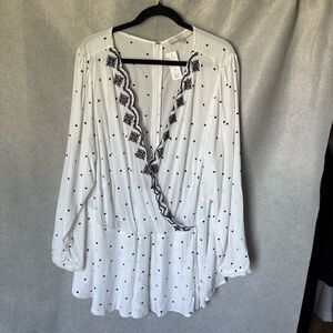 LOFT Womens Polka Dot Romper Size 22 Plus White Black Embroidered Long Sleeve